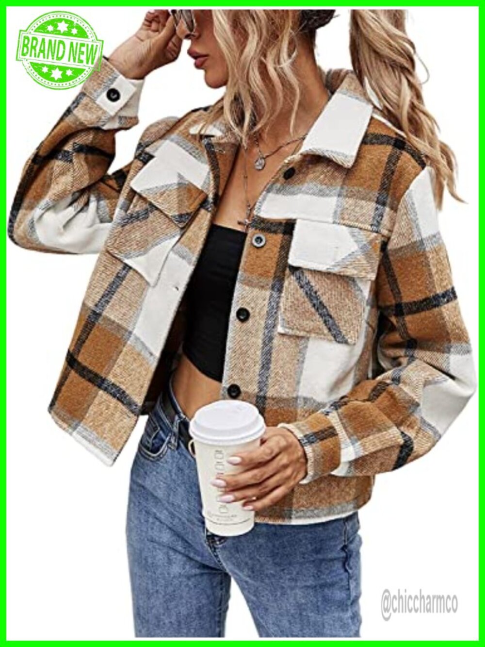Cropped Plaid Shacket Flannel Button Down Long Sleeve Casual Jacket